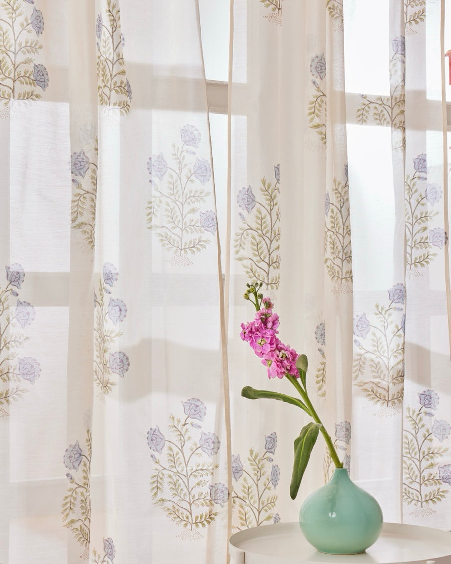 White, Blue & Green Hand Block Printed Linen Curtains | Floral Pattern-3