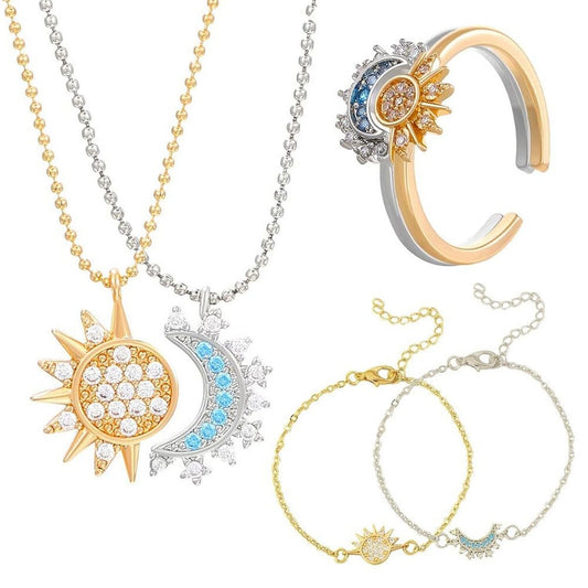 Sun & Moon Celestial Jewelry Set — Ring + Bracelet + Necklace (Dual-Tone)