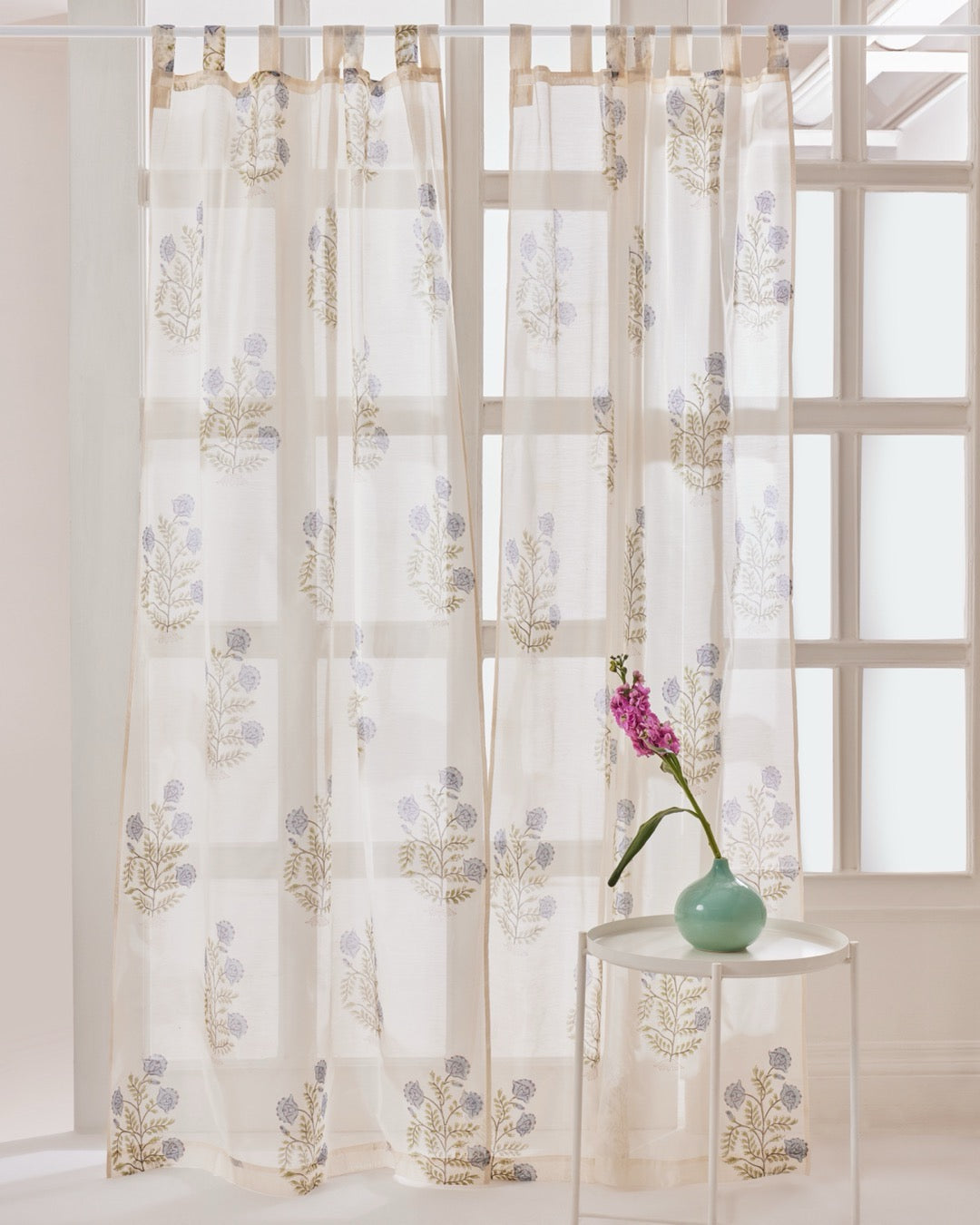 White, Blue & Green Hand Block Printed Linen Curtains | Floral Pattern-2