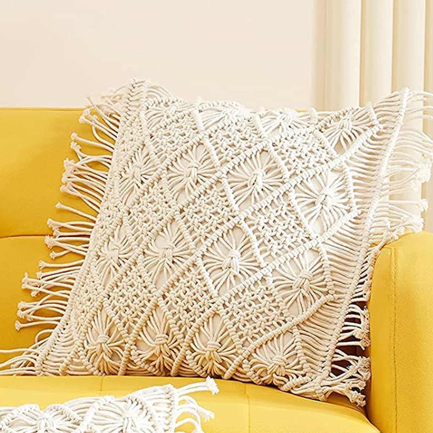 Bohemian Macrame Cushion Cover | 45x45cm | Cream Cotton | Geometric Pattern | Fringed Edges-4