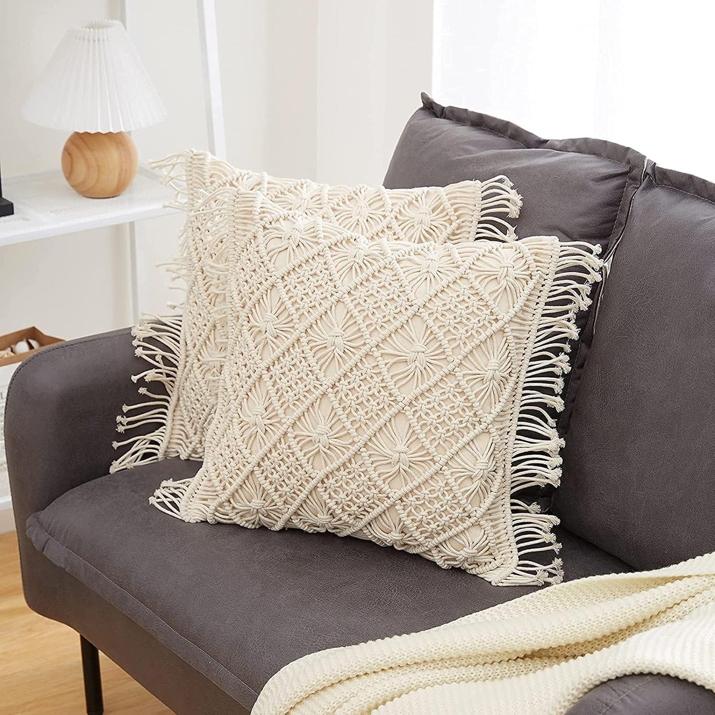 Bohemian Macrame Cushion Cover | 45x45cm | Cream Cotton | Geometric Pattern | Fringed Edges-2
