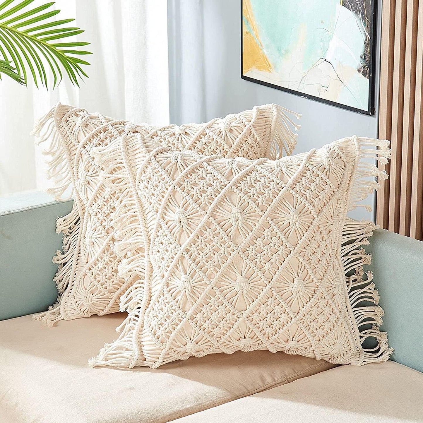 Bohemian Macrame Cushion Cover | 45x45cm | Cream Cotton | Geometric Pattern | Fringed Edges-1