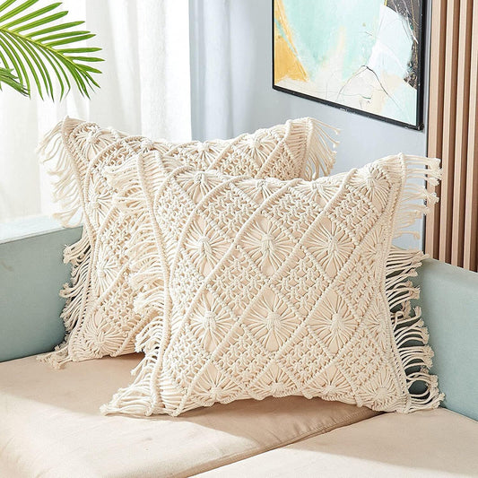 Bohemian Macrame Cushion Cover | 45x45cm | Cream Cotton | Geometric Pattern | Fringed Edges-1