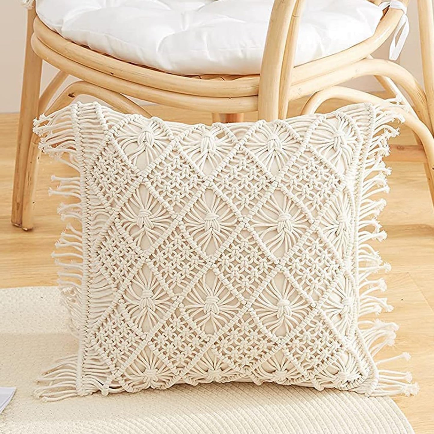 Bohemian Macrame Cushion Cover | 45x45cm | Cream Cotton | Geometric Pattern | Fringed Edges-0