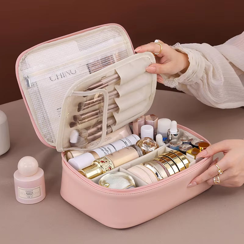 PU Large Capacity Tote Makeup Bag Portable Travel Organizer Tolietry Cosmetic Storage Bag Luxury Women Double Layer Pouch