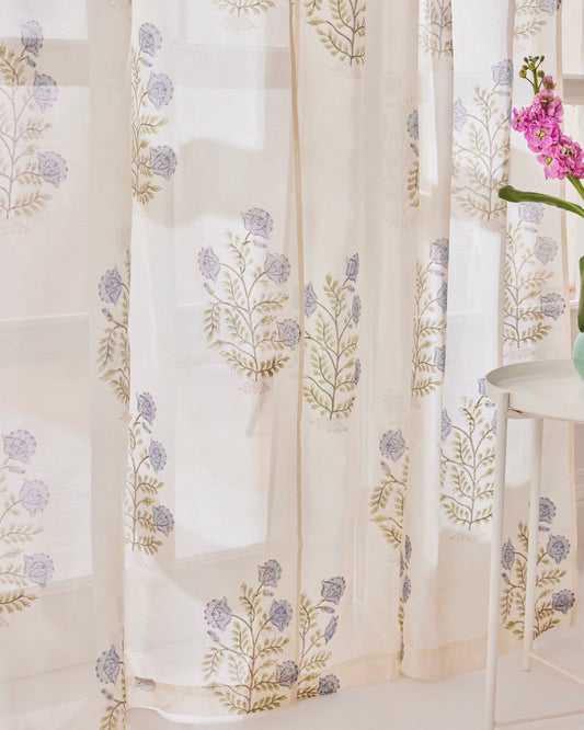 White, Blue & Green Hand Block Printed Linen Curtains | Floral Pattern-0