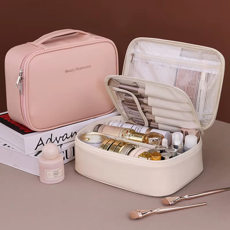 PU Large Capacity Tote Makeup Bag Portable Travel Organizer Tolietry Cosmetic Storage Bag Luxury Women Double Layer Pouch