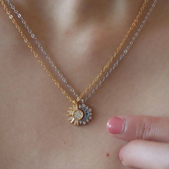 Sun & Moon Celestial Necklace — Dual-Tone Gold & Silver