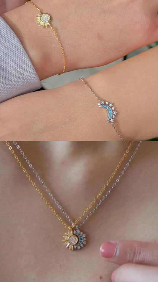 Sun & Moon Celestial Pair — Bracelet & Necklace (Dual-Tone Gold & Silver)