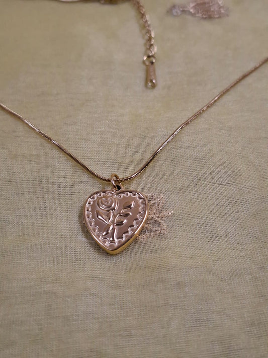 Rose-etched Heart Necklace | Gold Carved Pendant | Heart Whispers Collection ✨💛