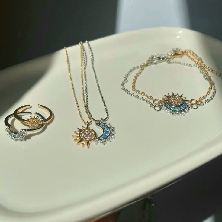Sun & Moon Celestial Jewelry Set — Ring + Bracelet + Necklace (Dual-Tone)