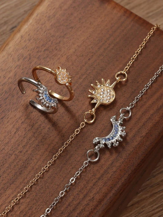 Sun & Moon Celestial Duo — Ring & Bracelet (Dual-Tone Gold & Silver)