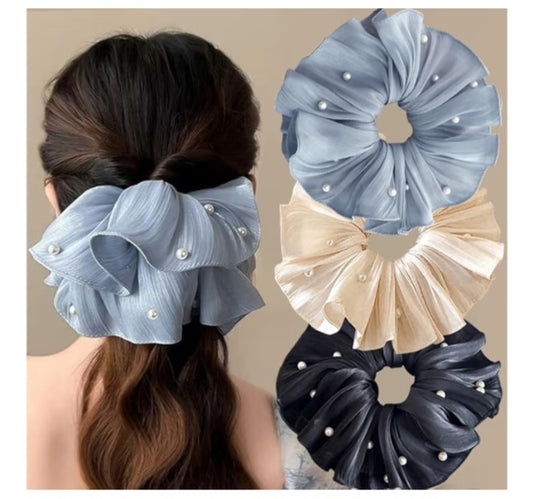 🌫️ Pearl Organza Scrunchie (Blue / Nude / Black)