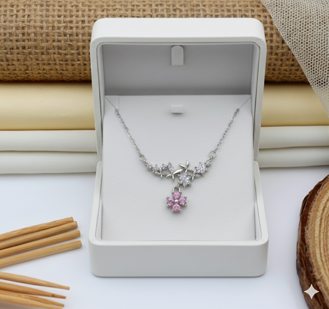 🌸 Blossom Grace | Pink Crystal Floral Necklace