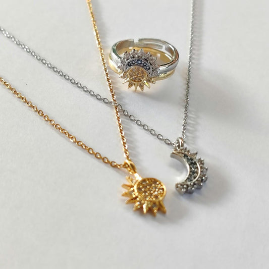 Sun & Moon Celestial Gift Set — Ring & Necklace (Dual-Tone Gold & Silver)