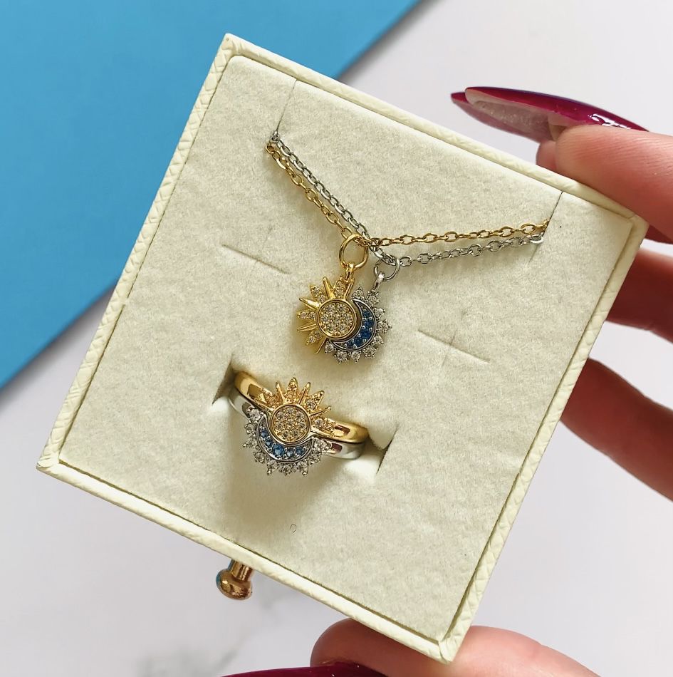 Sun & Moon Celestial Gift Set — Ring & Necklace (Dual-Tone Gold & Silver)
