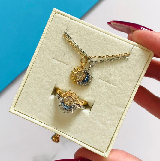 Sun & Moon Celestial Gift Set — Ring & Necklace (Dual-Tone Gold & Silver)